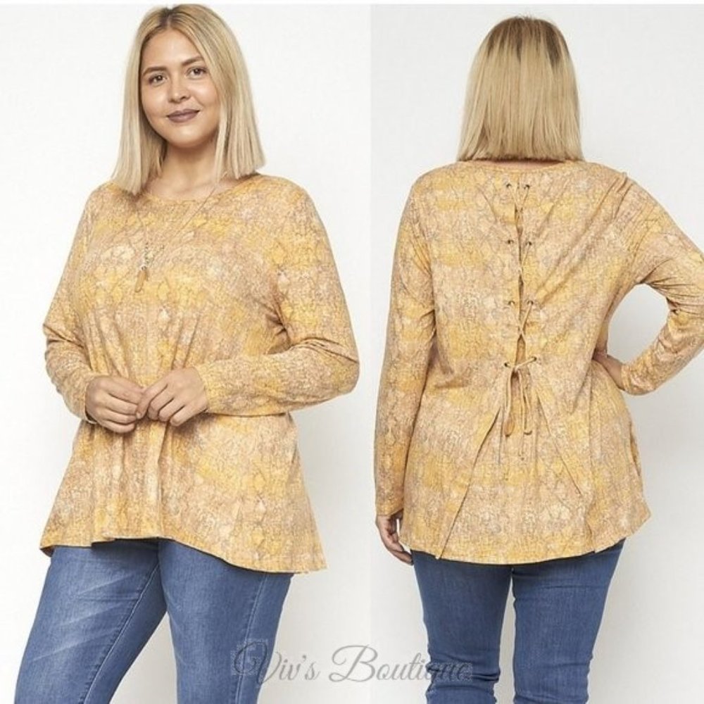 Plus-Size Mustard Lace-Up Back Long Sleeve Blouse